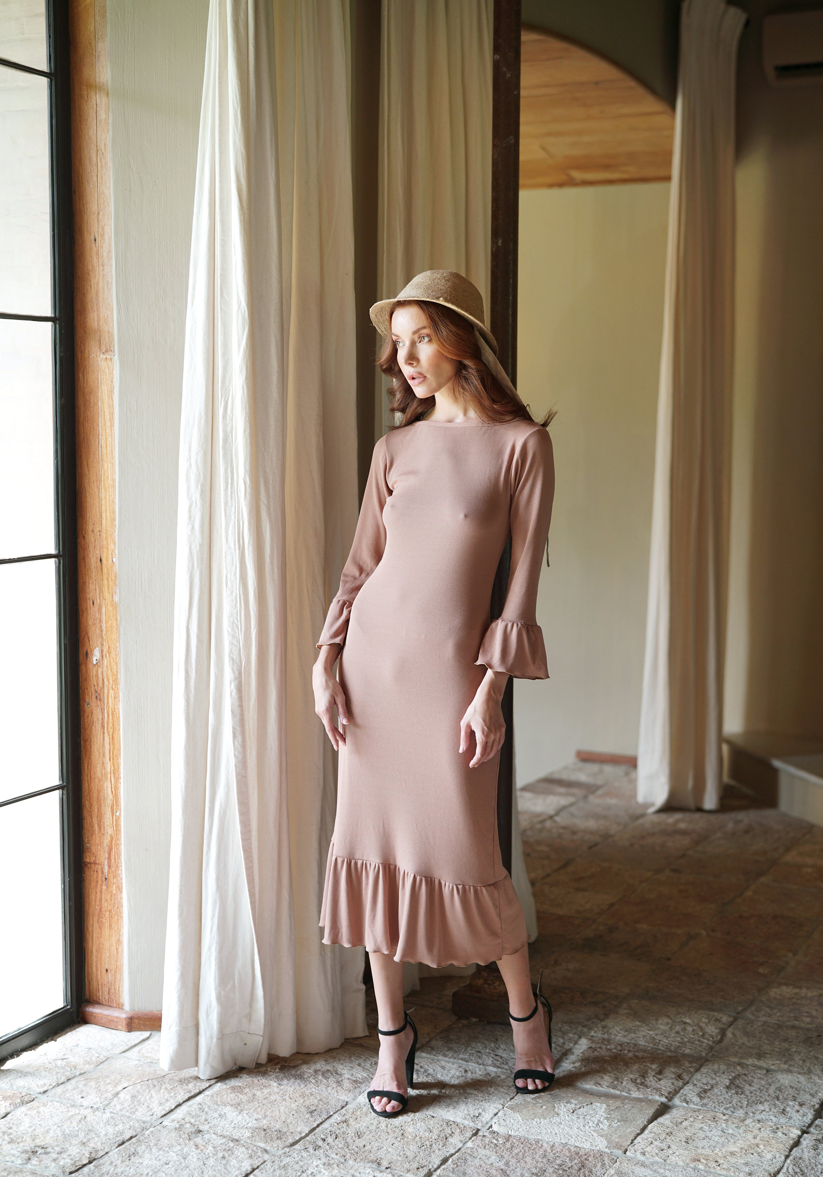 Marjorie Ruffle Dress In Beige