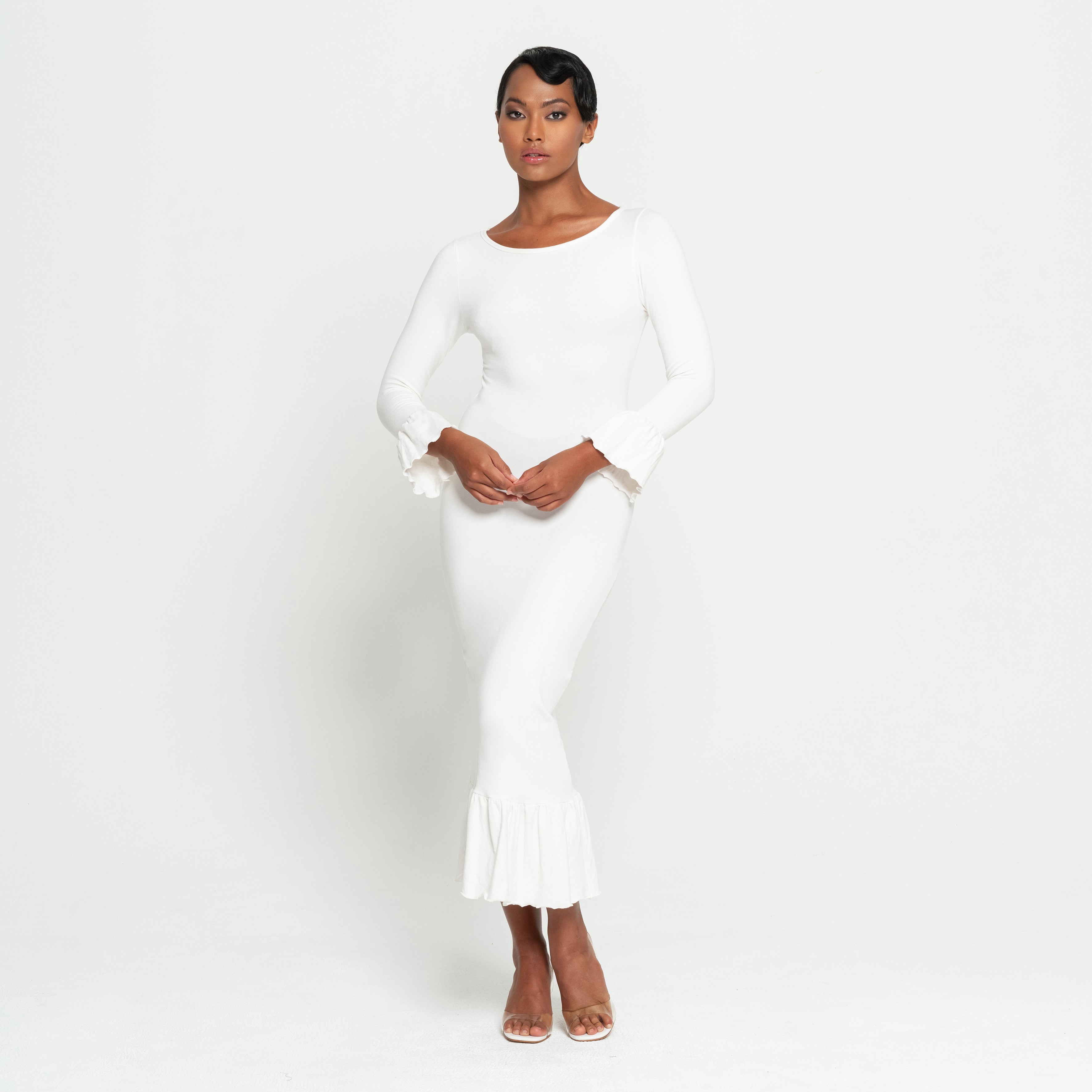 Marjorie Bamboo Ruffle Dress In White