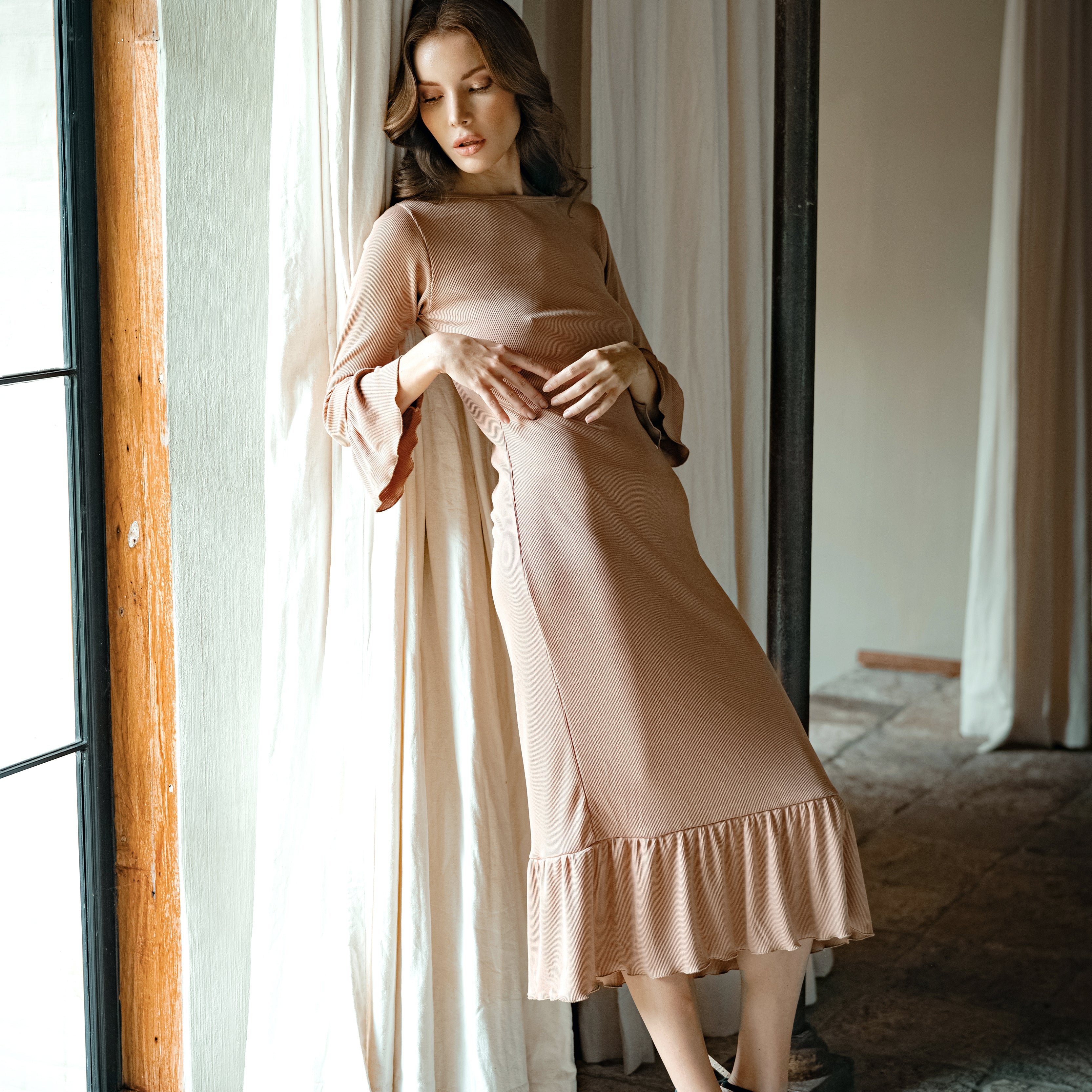 Marjorie Ruffle Dress In Beige