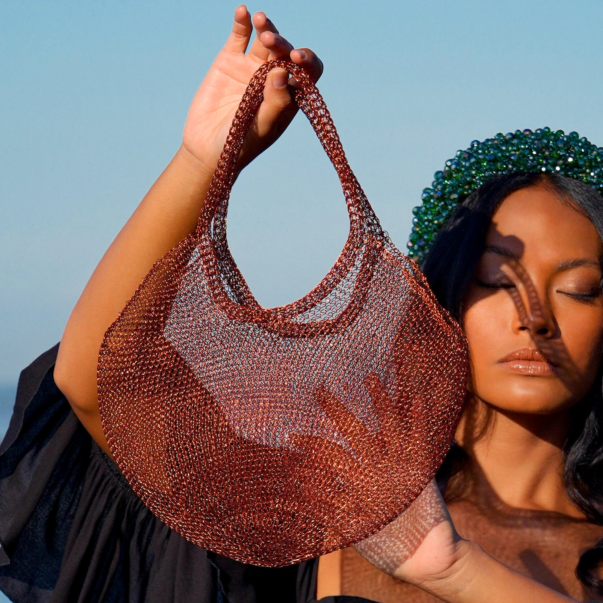 Sol Mesh Wire Tote Bag In Copper